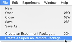 Menu item selection in SuperLab 6 to create a SuperLab Remote package