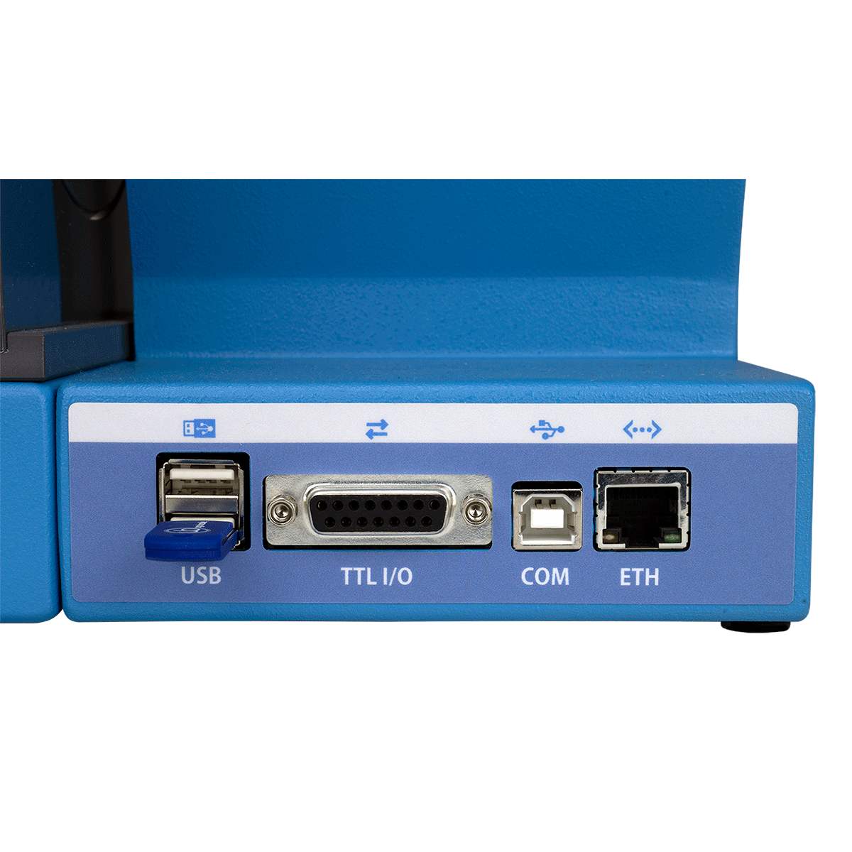 Front panel connection module. Includes USB port, TL I/O, COM and ethernet ports.